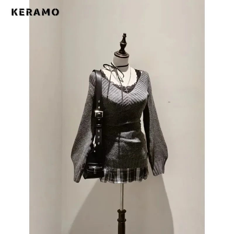 Autumn Vintage Elegant Style 2 Piece Set Women Lace Knit Sweater Patchwork Skirt Sexy Retro Two Outfits 250106