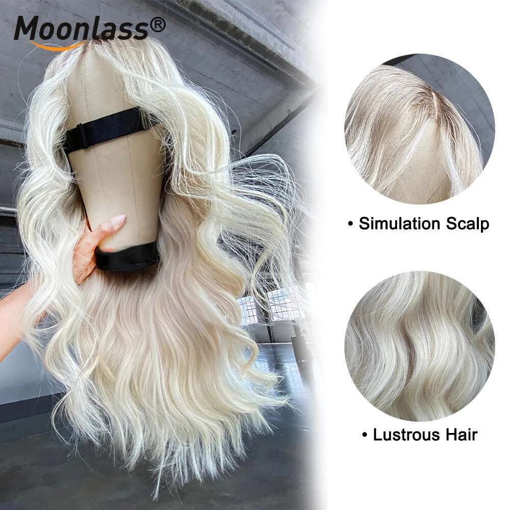 Moonlass Christmas Platinum Blonde With Dark Roots Body Wave 100% Real Human Hair 210% Density Pre Cut Ready To Wear Wig