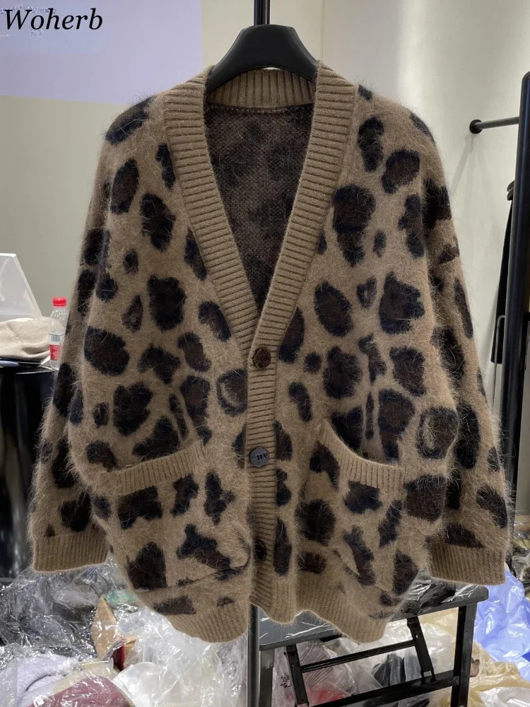 Oversized Cardigan for Women Autumn Clothing Vintage Sueter Mujer Fashion Casual Leopard Print Knitted Sweater Coat Pull Femme 250108