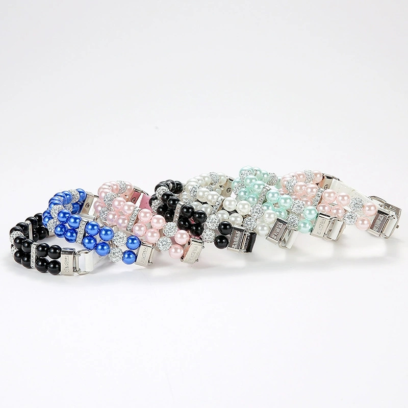 Pet Pearls Collar Leash Set 2 Rows Pearls Pet Necklace and PU Leather Pearl Leash Wire with Crystal Rhinestone Pet Collar