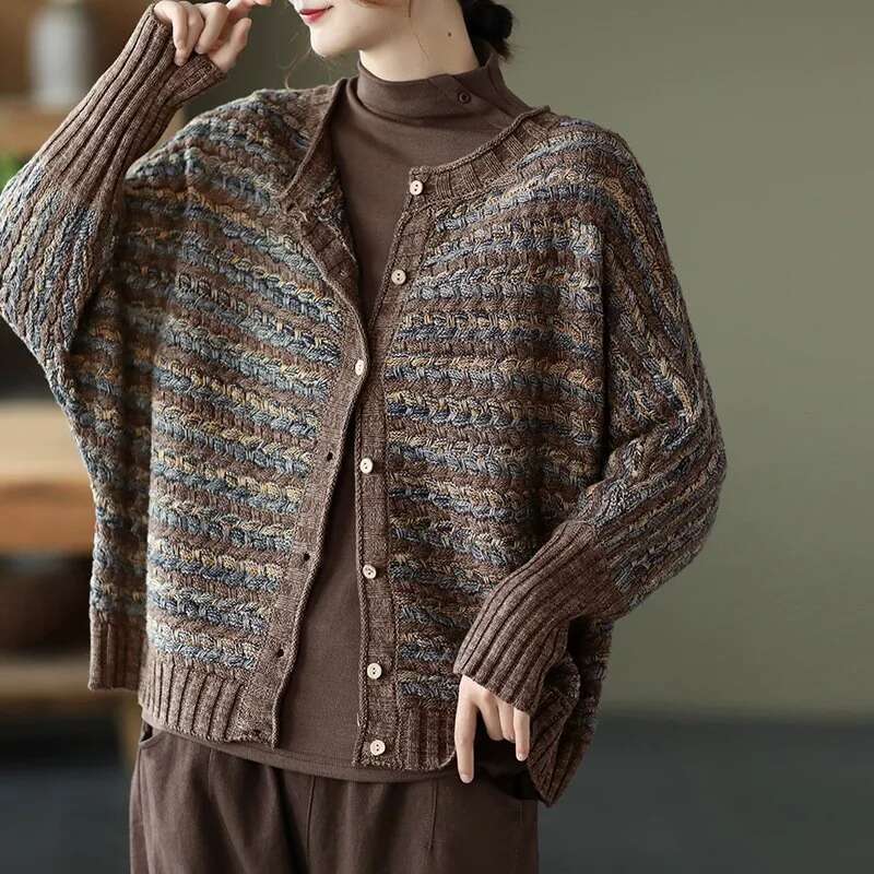 Johnature Women Vintage Striped Cardigan O-Neck Bat Sleeve Loose Autumn Coats 2024 New Cotton Knitted Sweaters