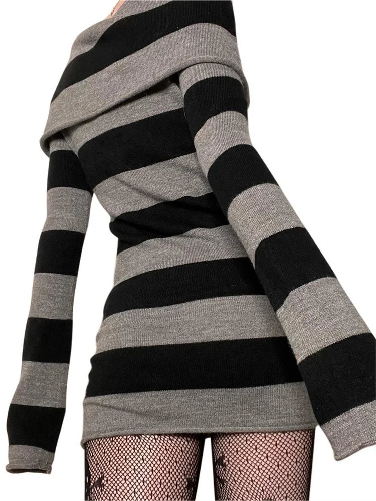 Women Autumn Dress Striped BoatNeck Long Sleeve Bodycon Short Y2K Gothic Wrapped Hip Party Dresses 250106