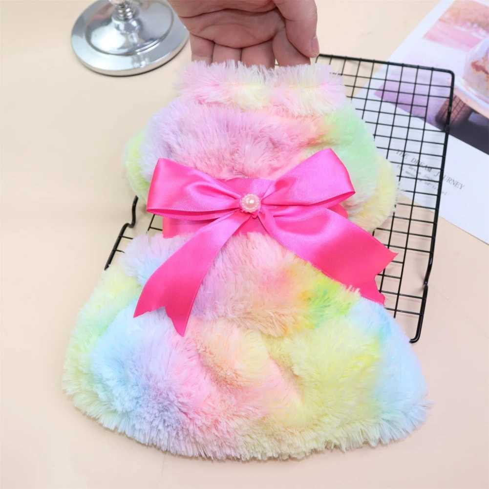 Pet Dog Fluffy Pink Bowknot Skirt Plush Coat Color Coral Fleece Dresses Winter Pet Color Gradient Dress for Small Dog Cat JacketXJ250109