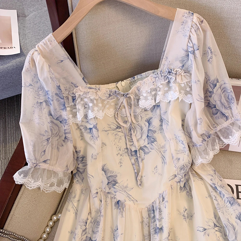 Summer French casual print dress Lace embellished chiffon fabric loose comfortable puffy sleeve party plus size 250106