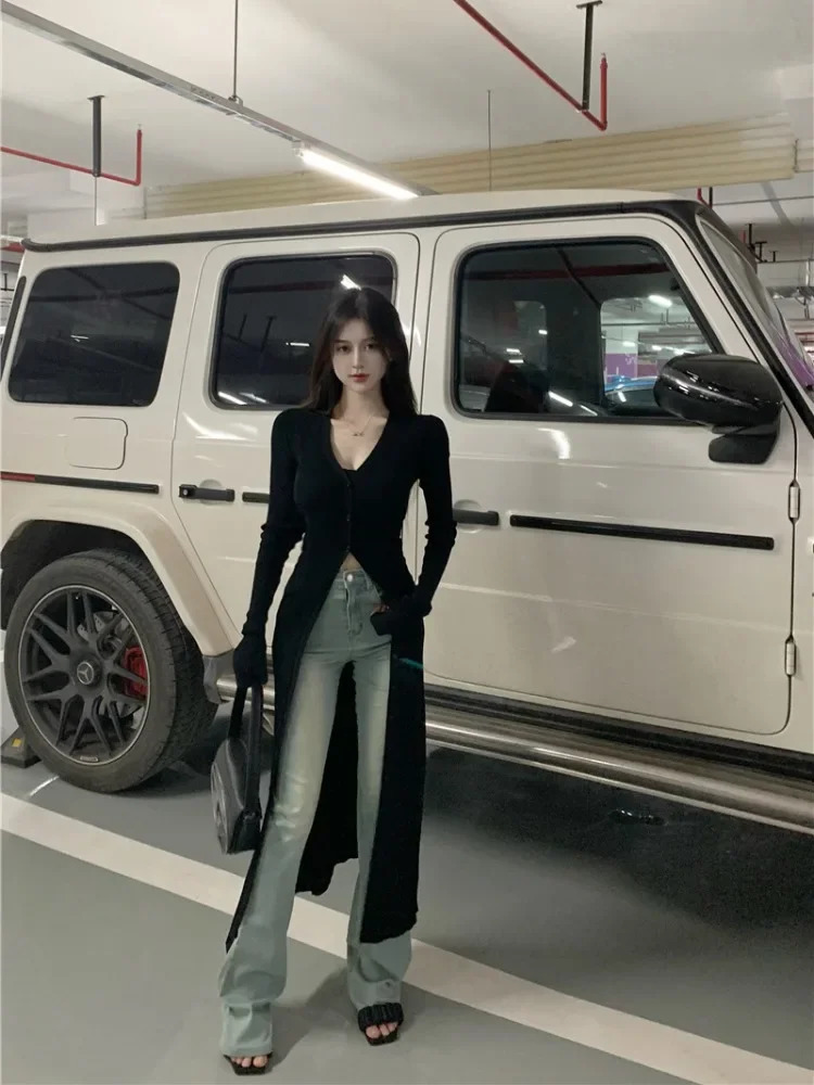 Lazy Vintage V-neck Black Cardigan Women Autumn Slim Fit Sun Protection Tops Y2k E- Long Sleeve Knitted 250106