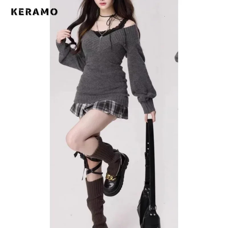 Autumn Vintage Elegant Style 2 Piece Set Women Lace Knit Sweater Patchwork Skirt Sexy Retro Two Outfits 250106