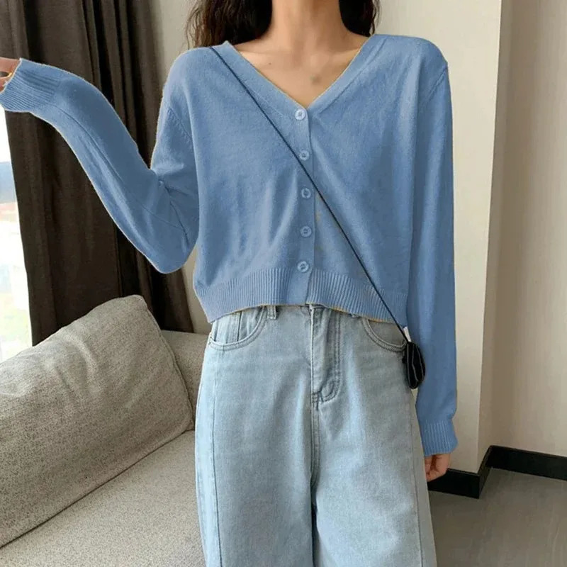 Womens Long Sleeve Cropped Cardigan V Neck Button Down Knit Lady Autumn Spring Knitted Single-breasted Cardigan Sweaters 250106