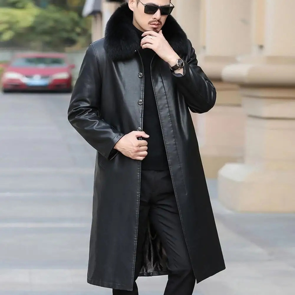 Men Autumn Winter Faux Leather Windbreaker Lapel Long Sleeve Pockets Single Breasted Fleece Lining Jacket Coat Loose 250107