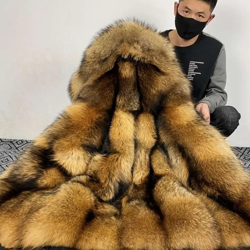HANZANGL Fur Coat Mens Plus Size Winter Thick Parkas Hooded Jackets Liner Detachable Men Long Overcoat M5XL 250107