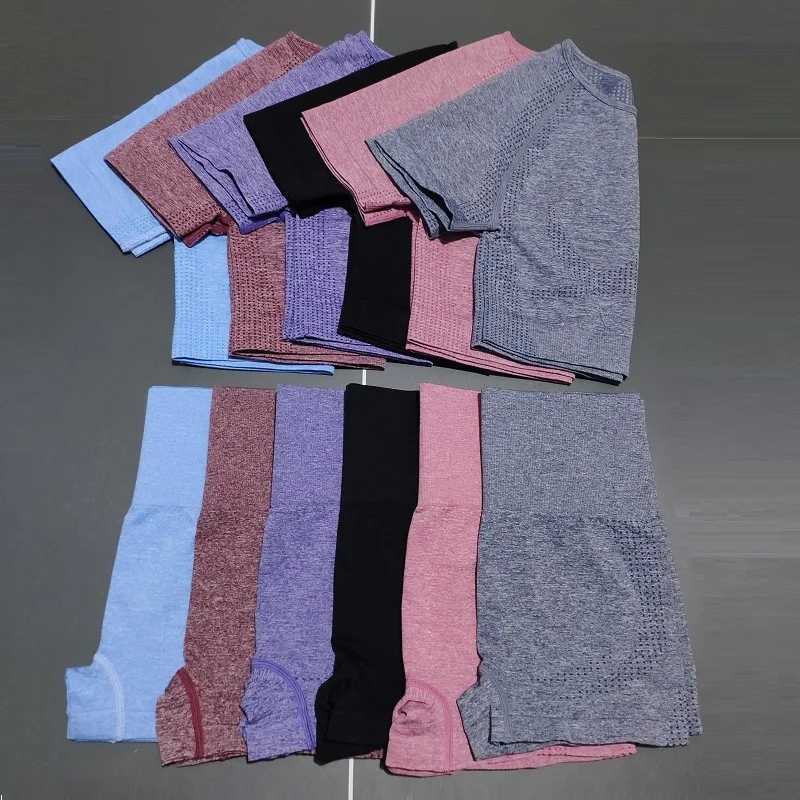 2Pcs/Set Women High Waist Seamless Yoga Set Gym Clothes Fitness Top Short Sleeve Shirt Shorts Sports Suits Athletic WearXJ250109