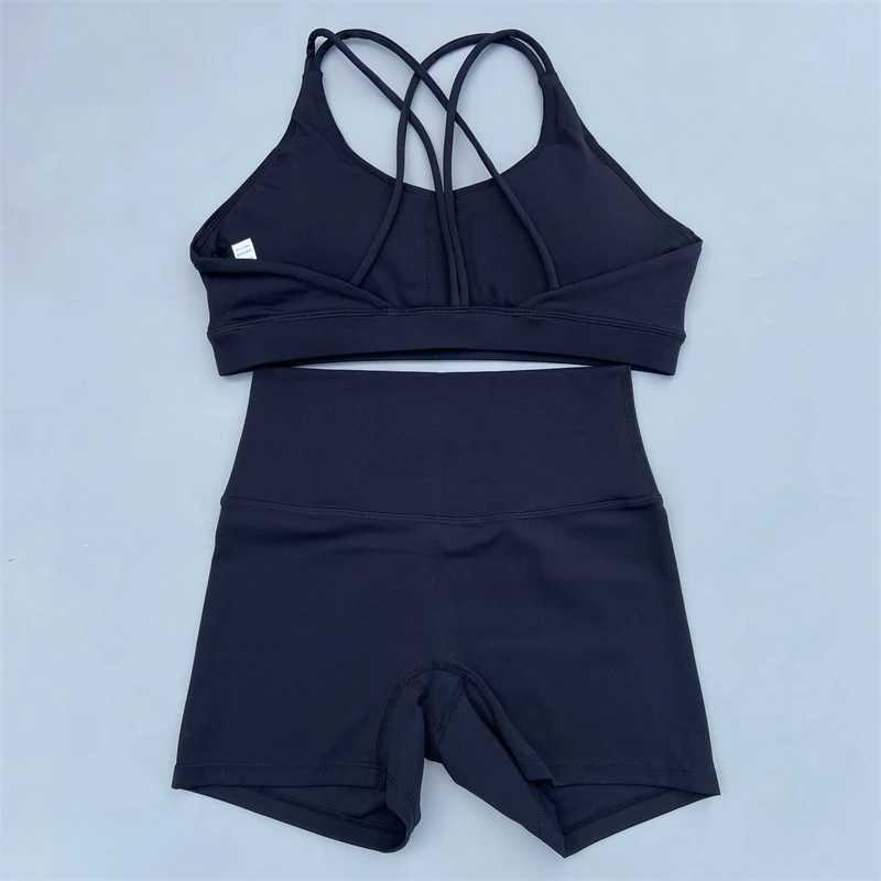 Yoga Shorts Set Women Gym Sports Set Workout Tracksuit 2 Piece Fitness Suit Cross Straps Bra High Waist Shorts Running ClothesXJ250109