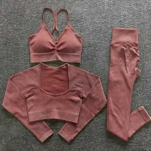 2/3PCS Seamless Washed Ribbed Yoga Sets Sports Fitness Crop Top Shirt Outfit Legggings Suits Workout Clothes Gym Sets for WomenXJ250109