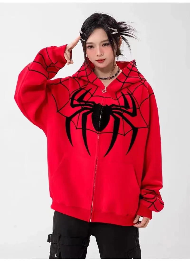 Gothic Y2k Anime Embroidered Zipper Spider Hoodie Mens Sportswear Harajuku Oversized Hip Hop Long Sleeve Hoodie Mens 250109