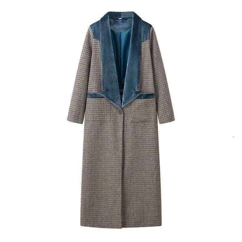 Plus Size Women's Clothing Autumn Winter Woolen Long With Blue Veet Ing On The Shoulders And Collar Coat