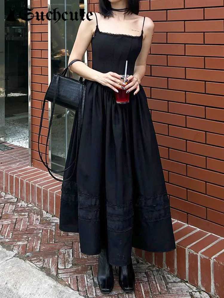 SUCHCUTE Korean Black Maxi Dress Womens Gothic Aesthetics Tight Sleeveless Party Dress Retro Street Clothing Club Dress 90s Summer M250109