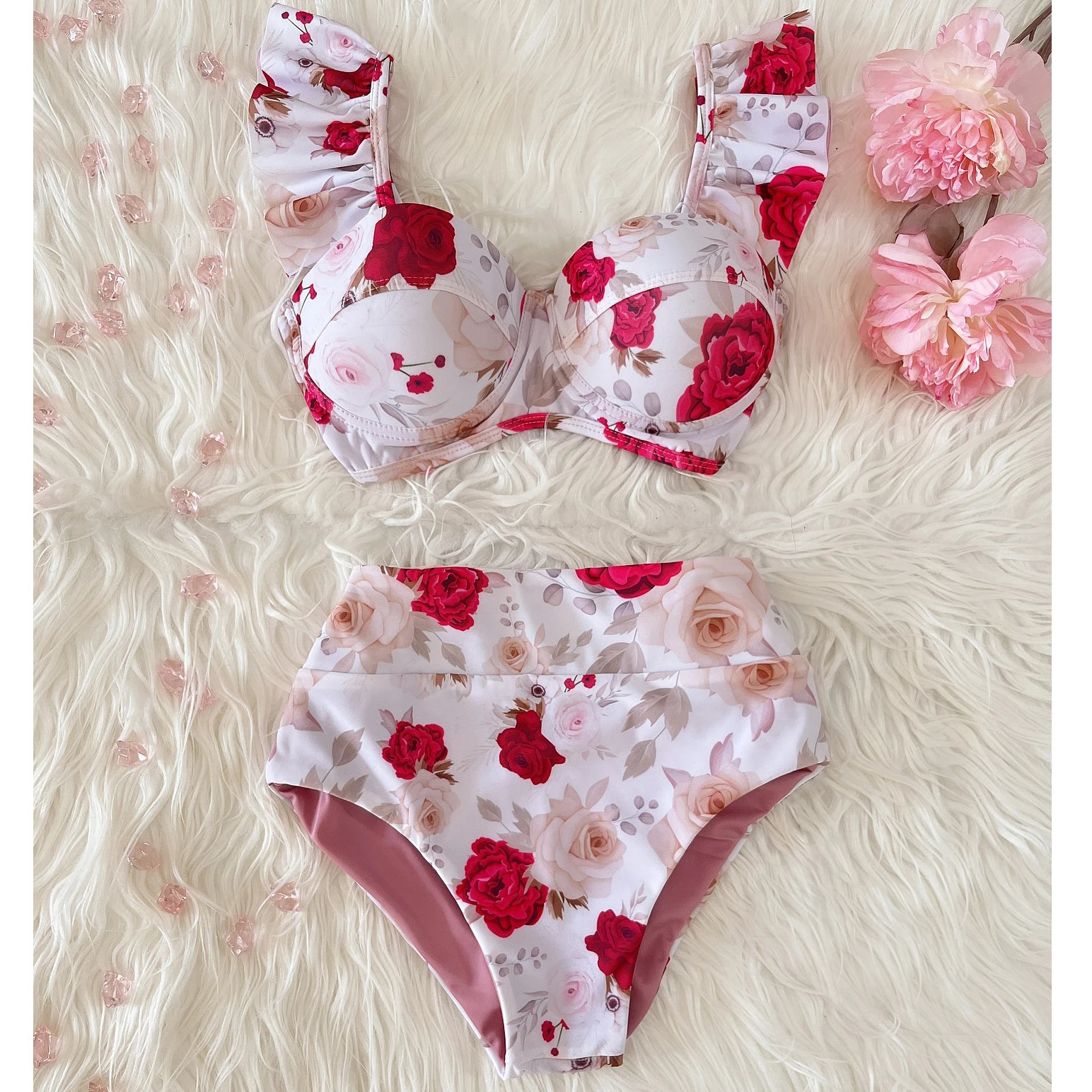 High Waist Bikini Swimwear Women Swimsuit Push Up Bikinis Bathing Suit Biquini Ruffle Summer Beach Wear 250108
