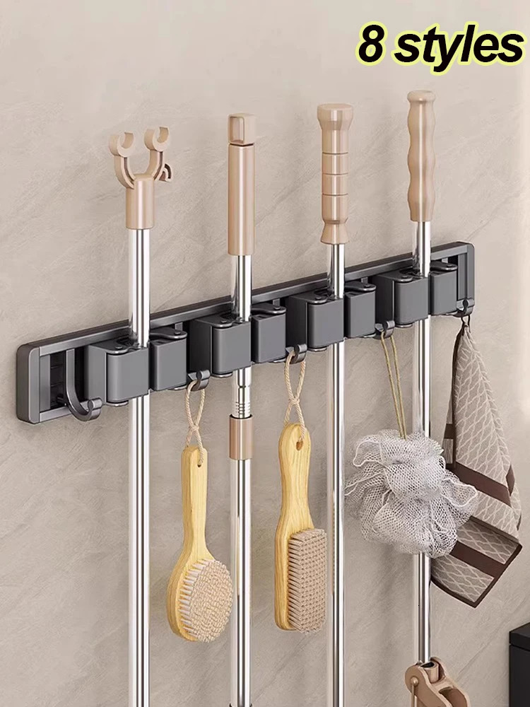 Mop and Broom Organizer Mop Holder Rack Mop Holder Wall Mounted Strong Broom Mop Holder Self With 5 Hooks Organizers Hang Broom 250107