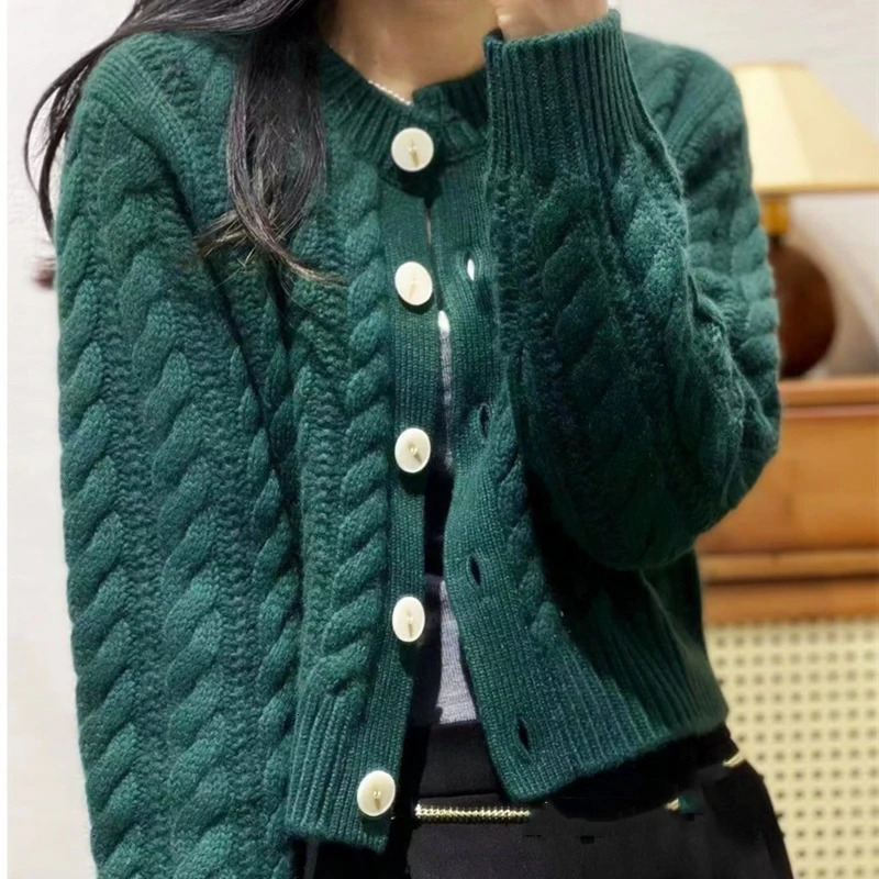 Autumn Long Sleeve Solid Color Singlebreasted Loose Knitted Cardigan Fashion Sweater Coat Women Female Casual Short Tops 250108