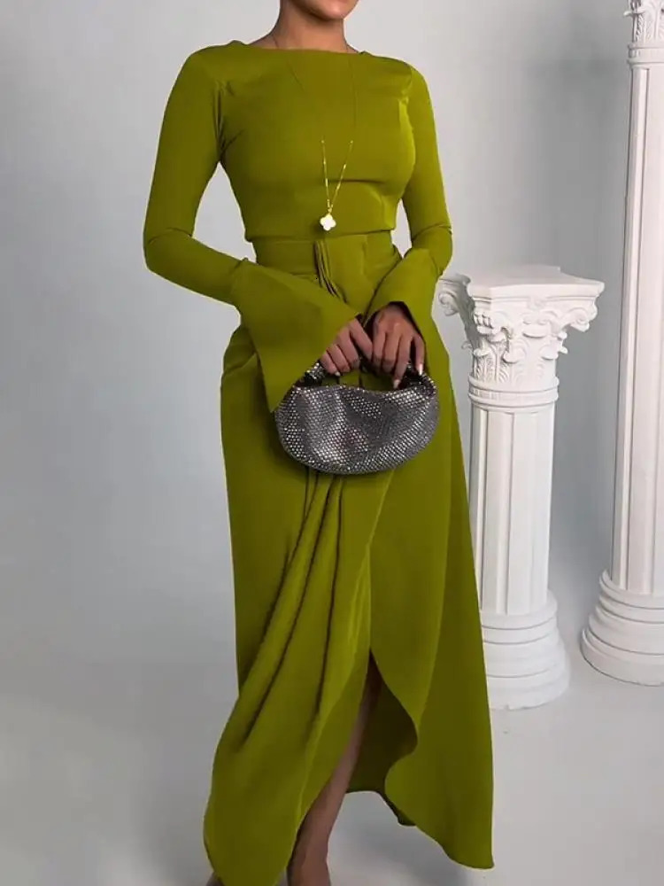UOOZEE Spring Women SplitFront Elegant Evening Party Maxi Dresses Long Sleeves Solid Color Bodycon Prom Gown 250106
