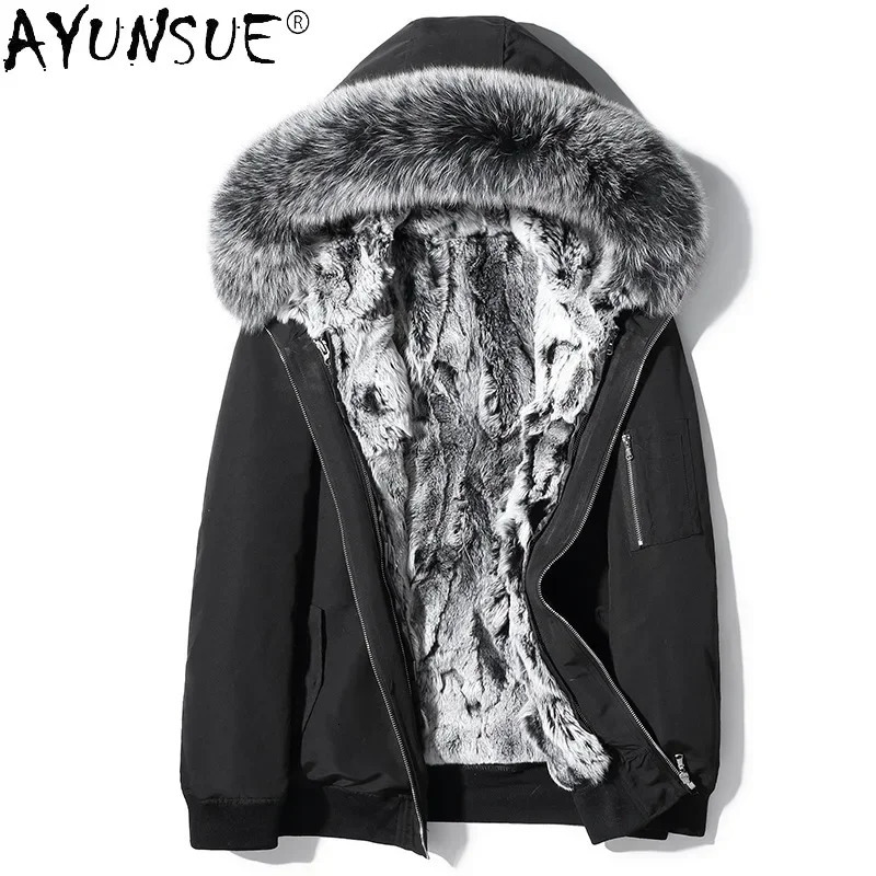 AYUNSUE Real Fur Parka Men Clothing Autumn Winter Detachable Rex Rabbit Liner Coat Hooded Jackets Collar 250107