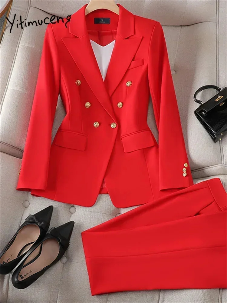 Yitimuceng Elegant Office Ladies Two Piece Sets Womens Outifits Double Breasted Long Sleeve Blazers Loose Casual Pant Suits 250106