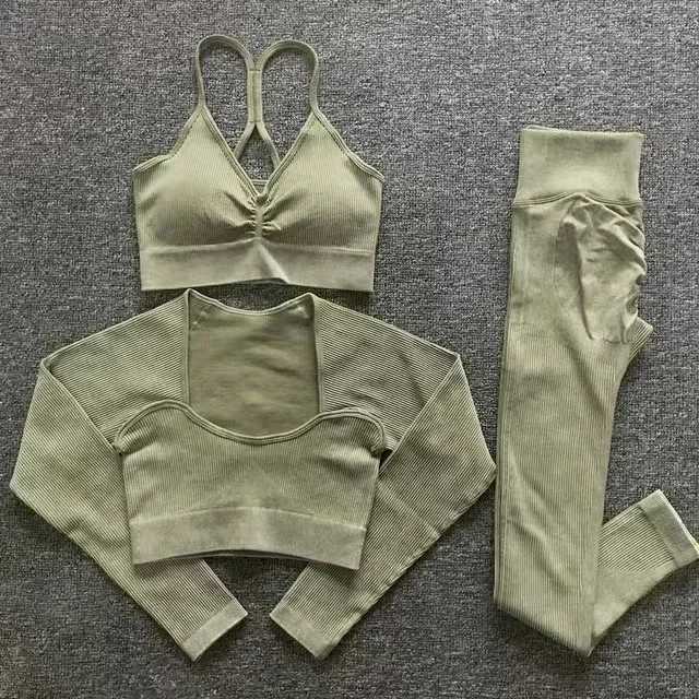2/3PCS Seamless Washed Ribbed Yoga Sets Sports Fitness Crop Top Shirt Outfit Legggings Suits Workout Clothes Gym Sets for WomenXJ250109