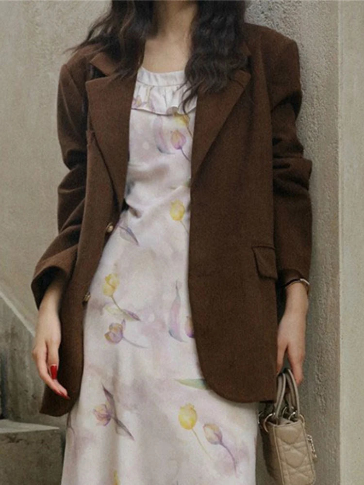 LANMREM Vintage Corduroy Womens Blazer Notched Collar Single Breasted Solid Color Loose Coat Fashion 2024 Spring 2AA4910 250109