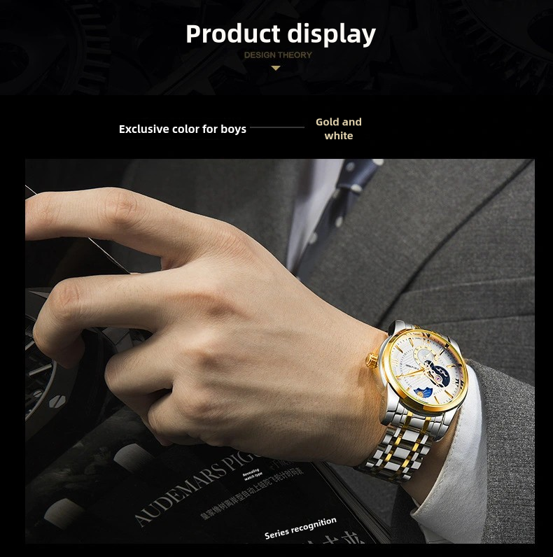TEVISE Mens Automatic Mechanical Business Watch with Stainless Steel Strap Moonwatch Phase and Waterproof Function T046-T805C