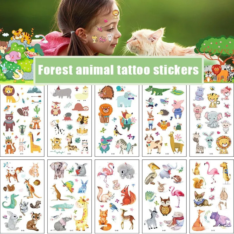 10 Pack Tattoo Stickers Cartoon Temporary Tattoos Kids Arm for Forest Animal Fun Party 241230