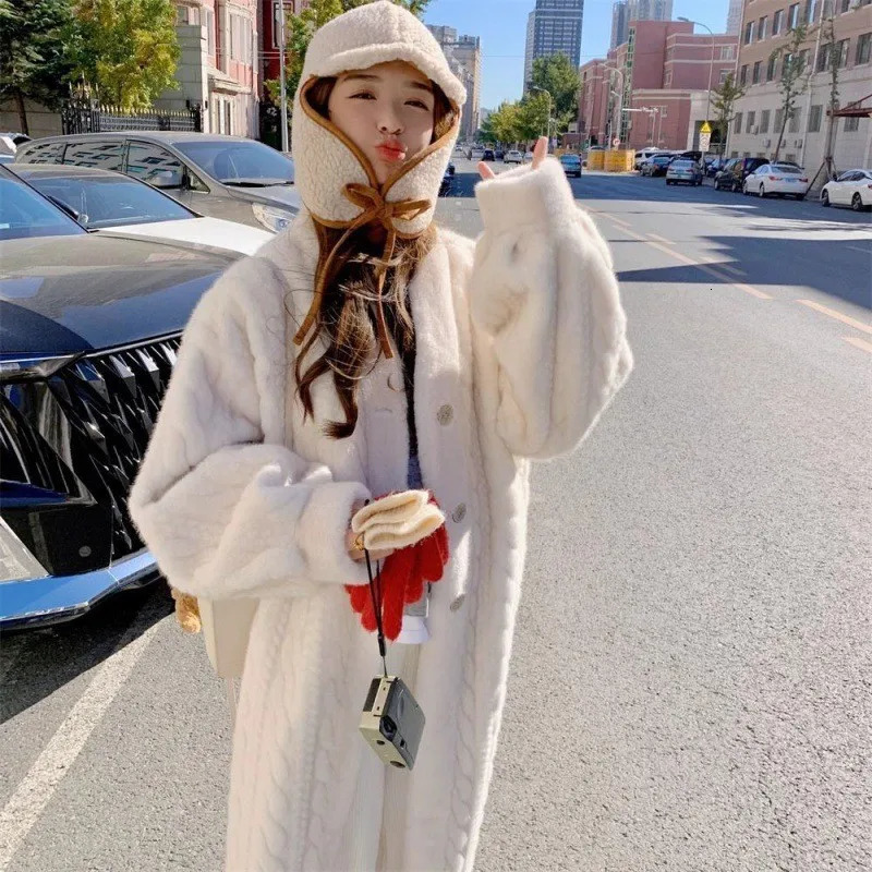 Women Sweaters Long Sleeve V Neck Solid Thick Jumpers Button High Street Cardigan Knit Pocket Slight Strech Patchwork Regular 250106