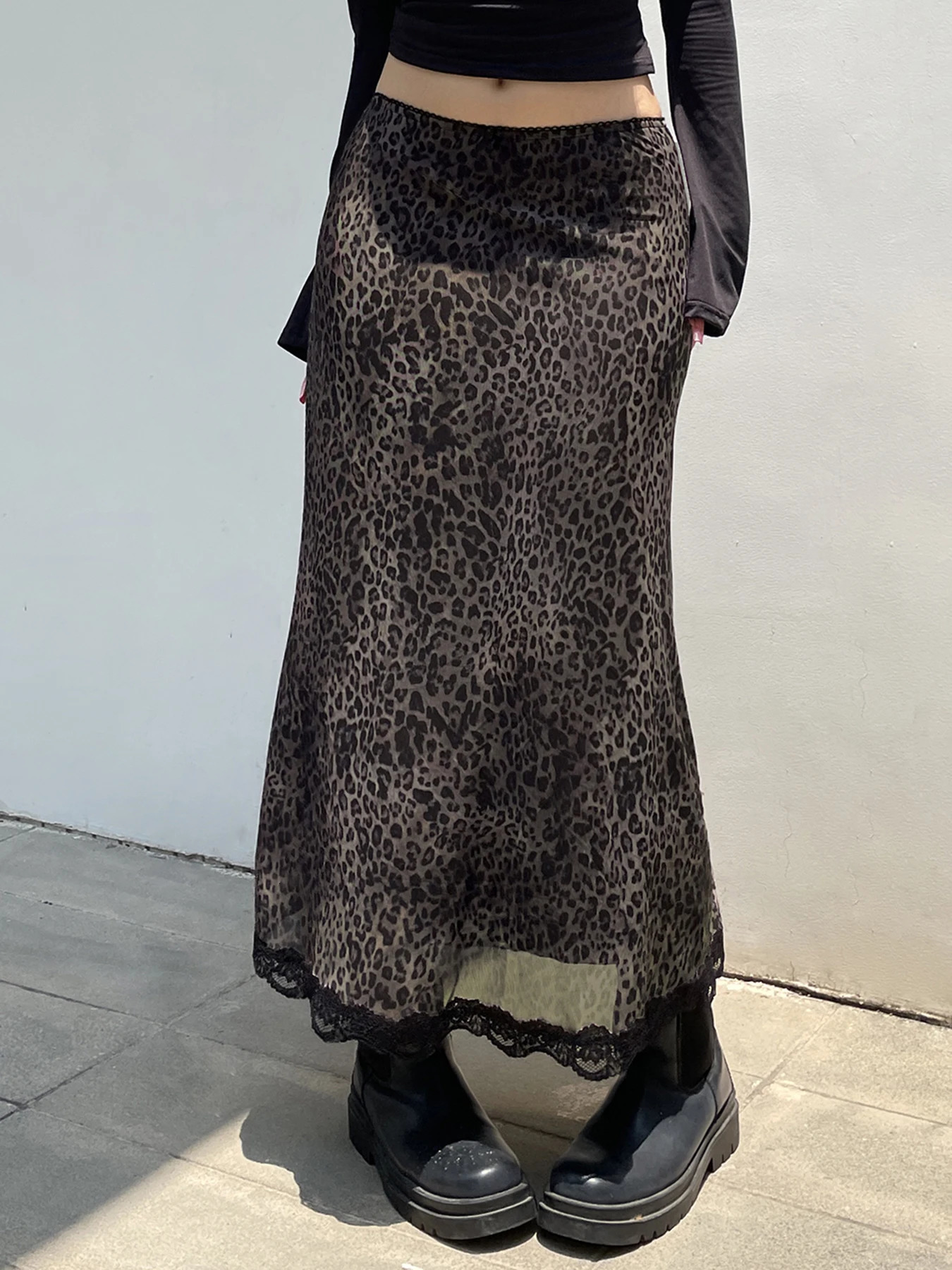 Retro Brown Leopard Y2K Long Skirts Women Lace Trim Hem Two Layers Mesh Vintage Aesthetic Elegant Fashion Clothing 250106