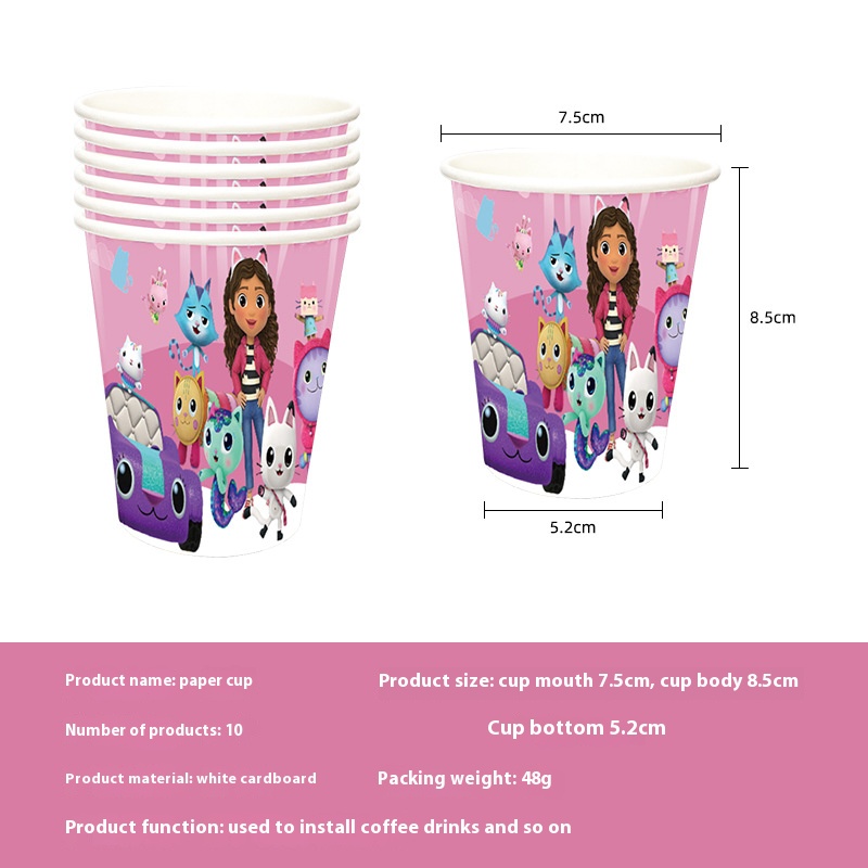 New Pink Gabby Dollhouse Party Cups, Paper Plates, Tissue Banners, Tablecloths, Balloons Decoration Set