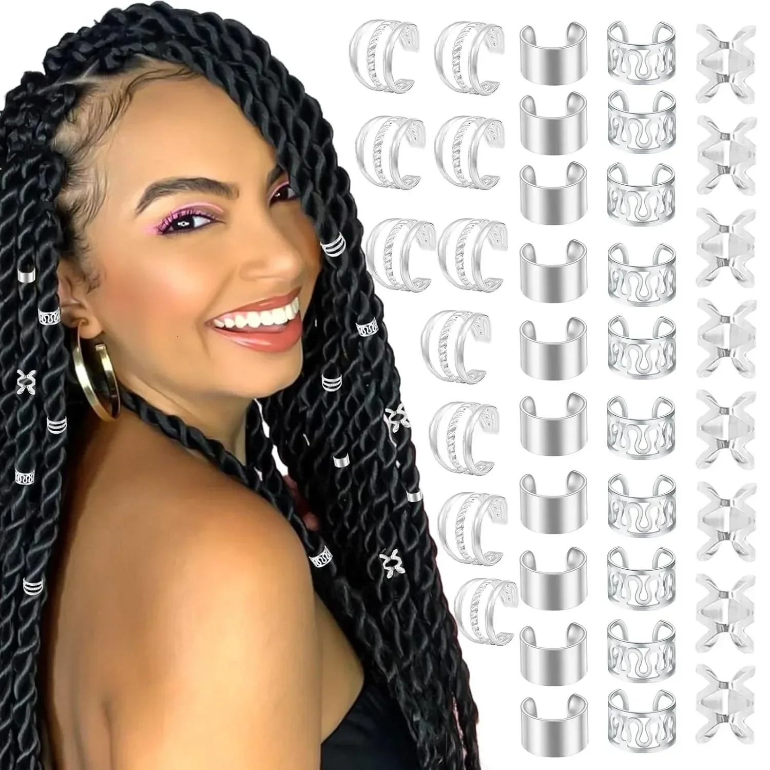 40pcs Alloy Hair Jewelry for Braids Dreadlock Accessories Metal Braid Clips NonPiercing Ear Beard Beads Cuffs 241228
