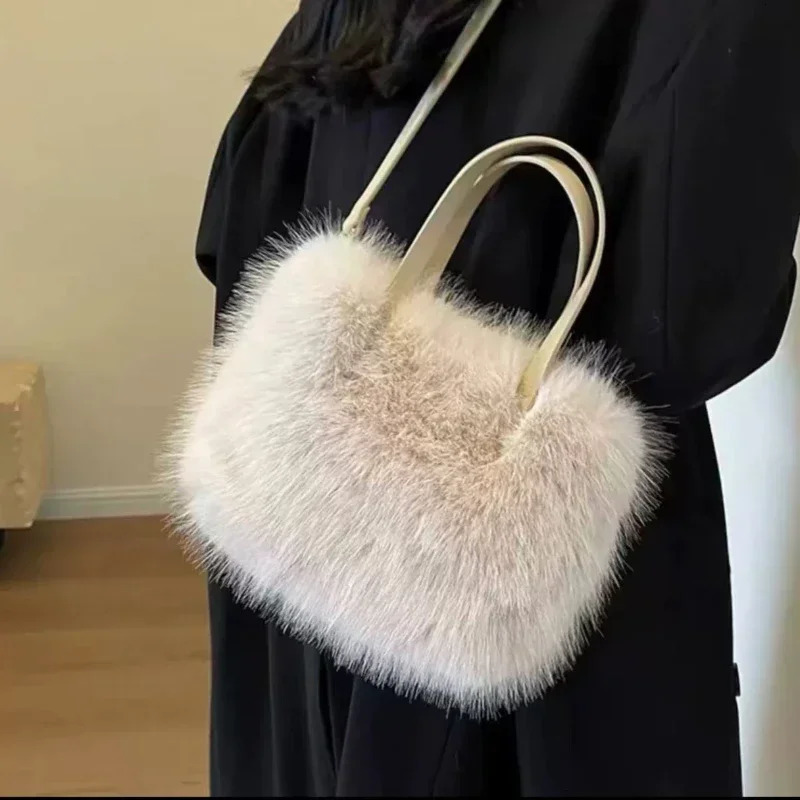 Faux Fur Tote Bag Womens Bucket Plush n Ladies Handbags Soft Winter Crossbody Shoulder Bags Bolsa Feminina 250106