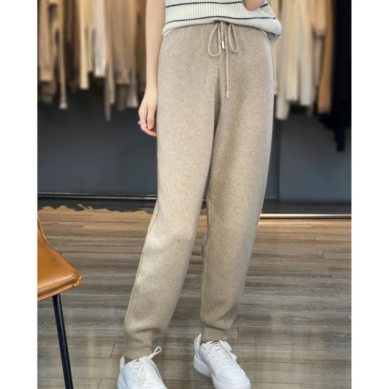 100% Merino wool cashmere womens knitted pants in autumn and winter elastic waist fashion feet 250108