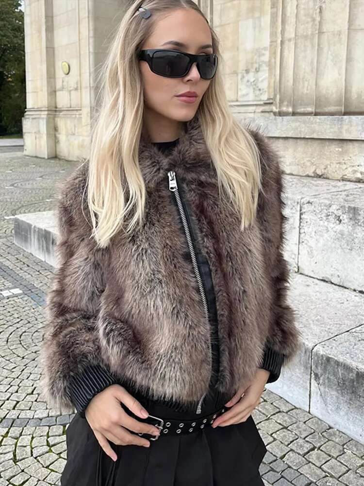 Patchwork Zipper Coat Leather Edge Contrast Color Fur Effect Jacket Maillard Women's Short Overcoat Winter Vintage Outwear
