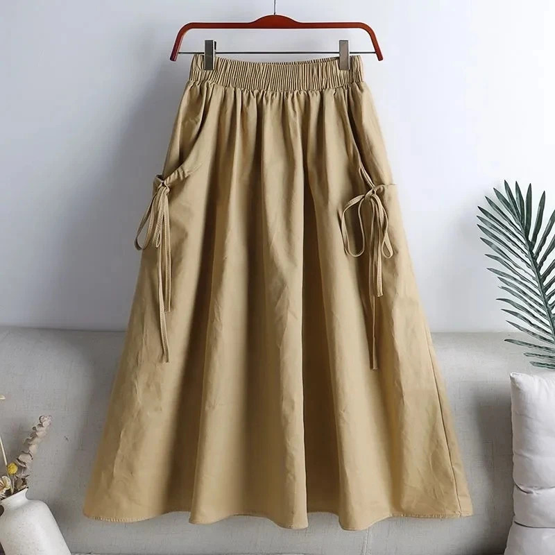 Solid Elastic Waist Drawstring Skirt Women Spring Summer Streetwear Thin AllMatch ALine Skirts Woman Lazy Style Loose 250106
