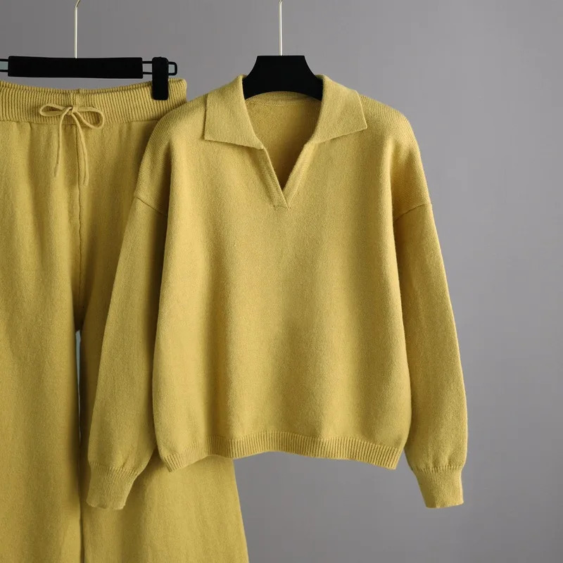 Cashmere Turn Down Neck Knitted Sets Women Winter Casual Two Pieces Sweater and Pants Loose Outfits Tracksuit Pullovers 250106