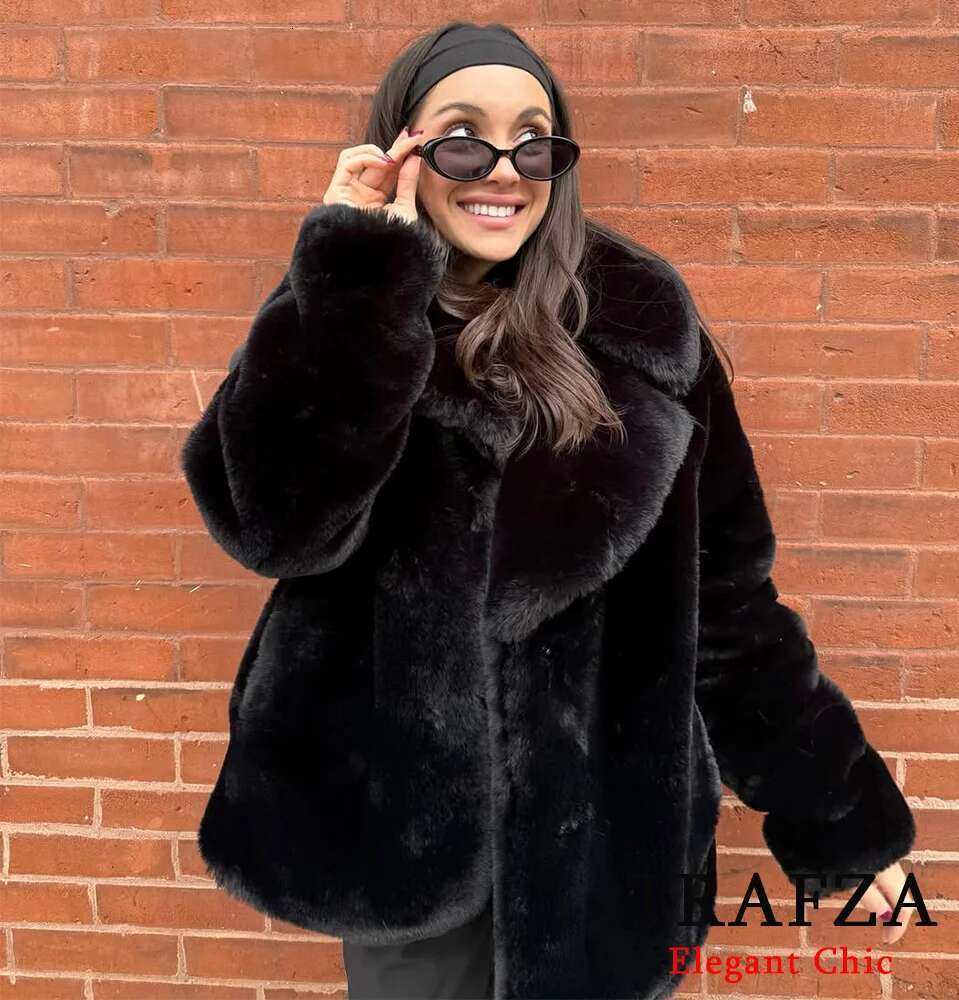 TRAFZA Women Fall Winter Faux Fur Lapel Mid Length New 2025 Fashion Elegant Romantic High Street Vintage Loose Coat