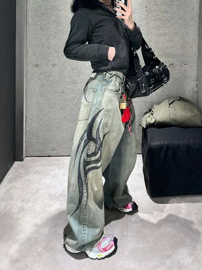 American Gothic Print Blue Wash Y2k Autumn Winter Retro Hip Hop Loose Casual Fashion Street High Waist Straight Jeans
