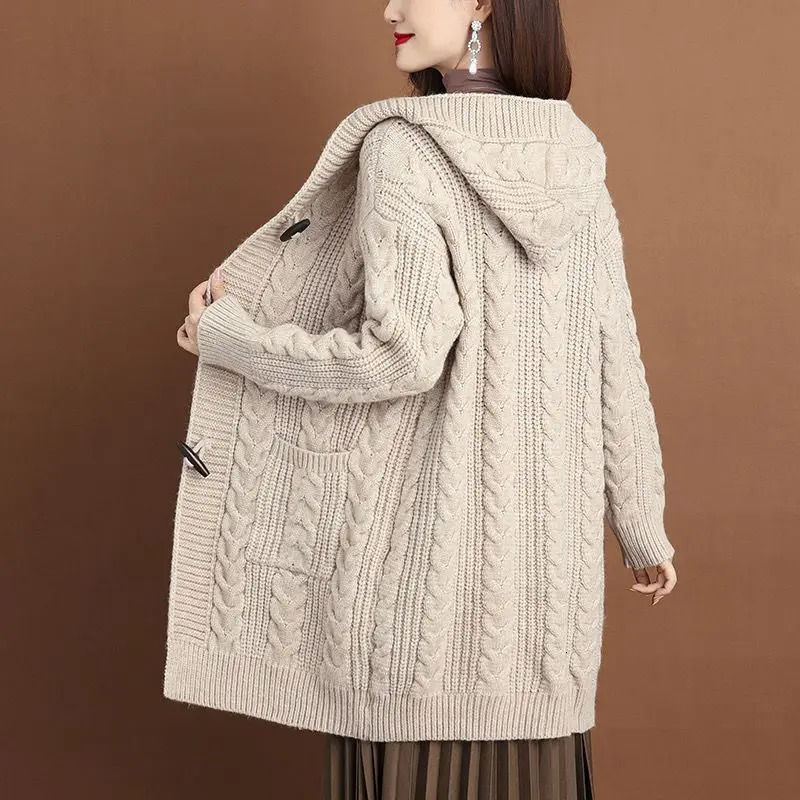 Autumn Winter Thicken Sweaters5XL Large Size Fashion Hooded Knitted Outerwear Womens Cardigan Sweater Knitting Jacket 250108