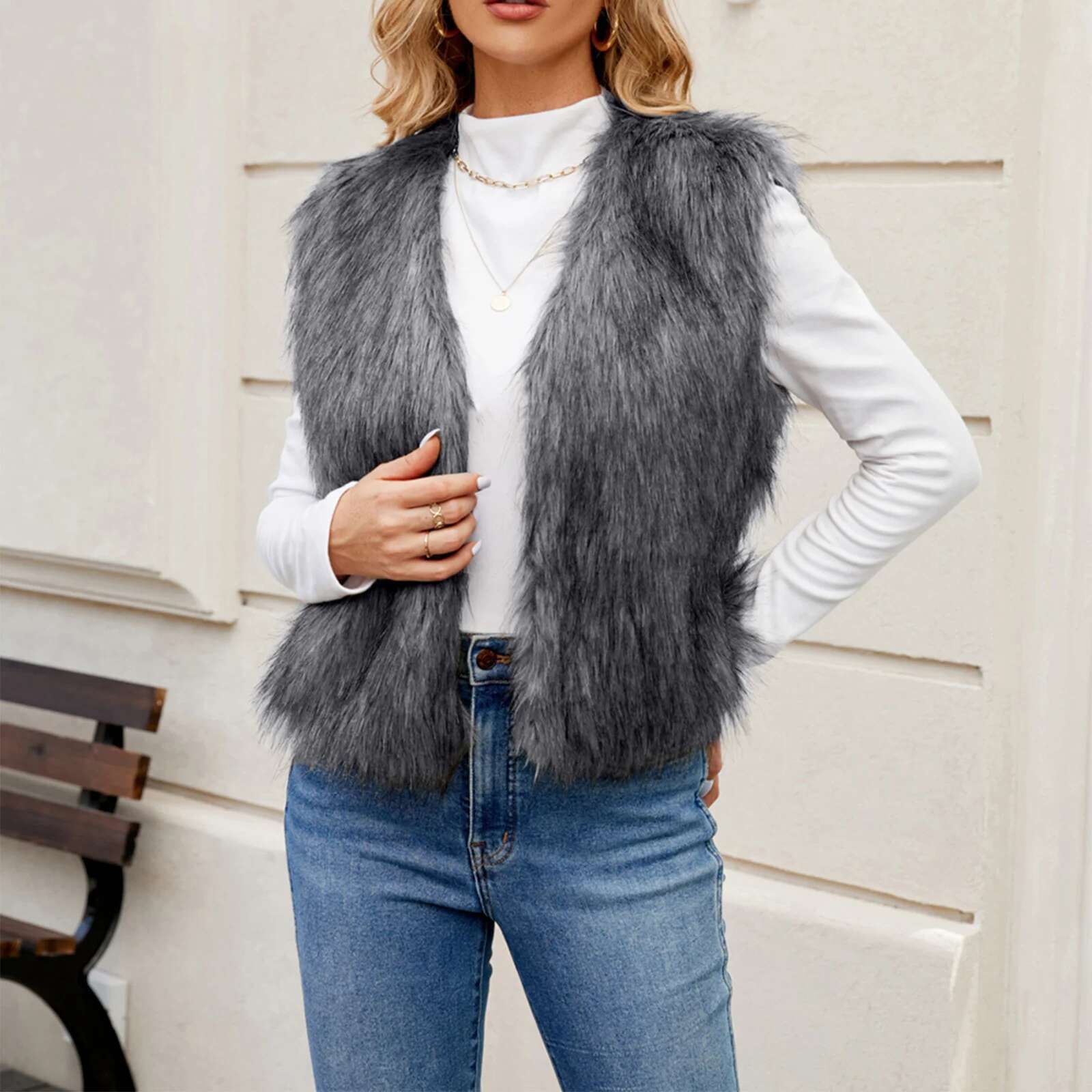 Women Open Front Jackets Outwear Gilet Streetwear Fashion Solid Color Sleeveless Faux Fur Vest