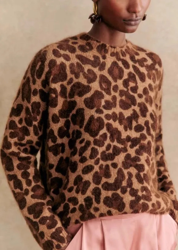 leopard print knitted sweater women long sleeve round neck streetwear autumn winter wool blend warm jumper female 250108