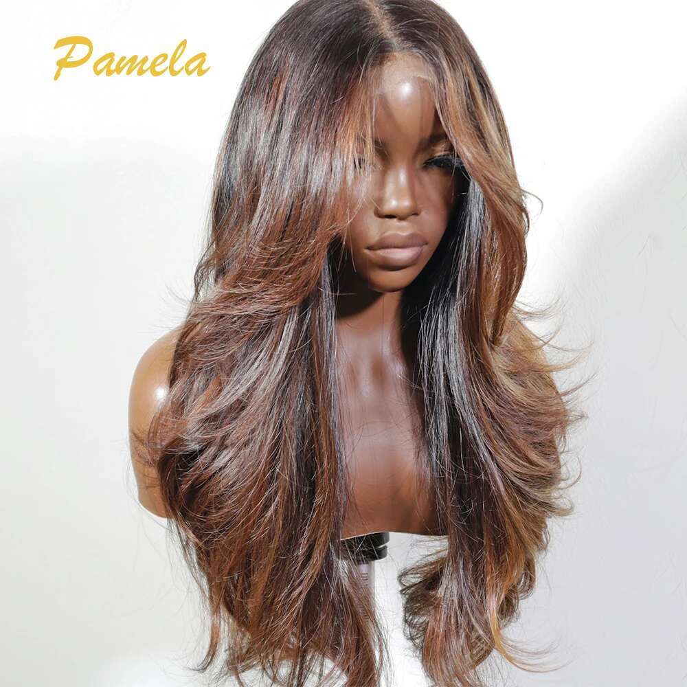 250% Density Highlight Straight Wave 1B/4 Color 13X6 HD Transparent Lace Front Human Hair Wig Glueless Ready To Wear And Go