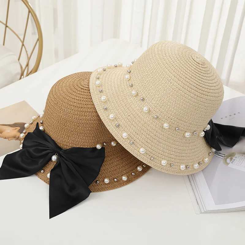 New Spring and Summer Fem Sunscreen Sun Hat Childrens Bow Beaded Hat Beach Hat Traw Hat X250109