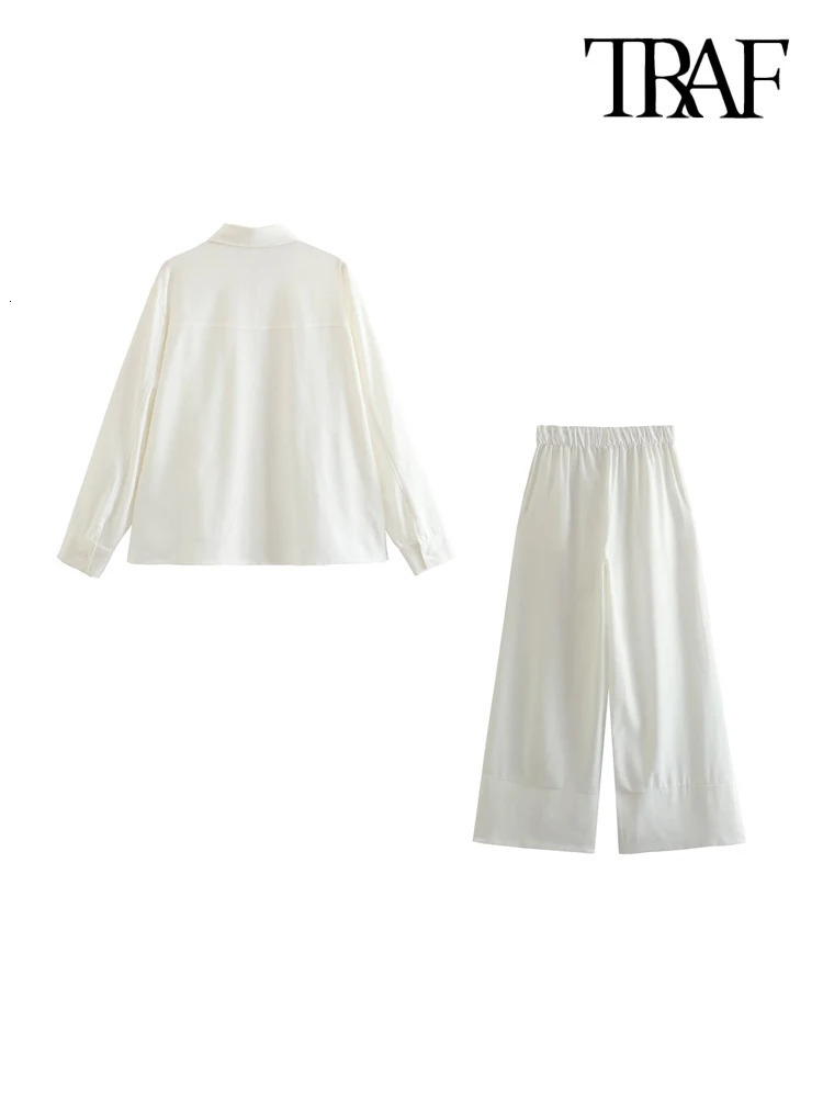 TRAF Women Fashion With Pocket Loose Linen Shirts And High Elastic Waist Wide Leg Pants Female Two Piece Sets Mujer 250106