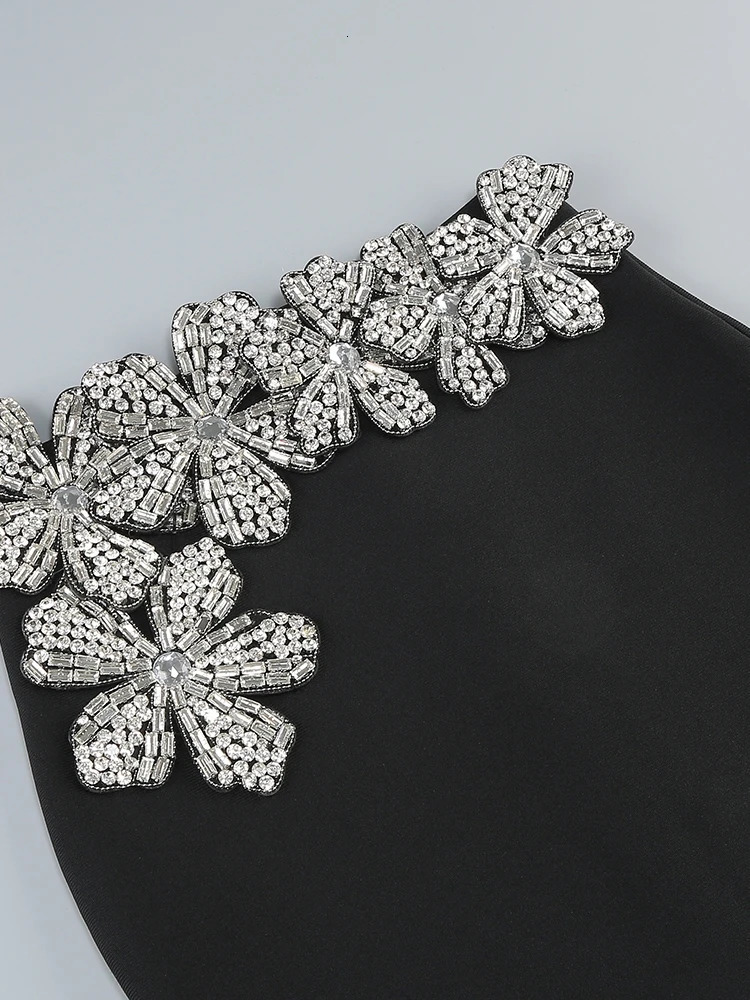 Sexy Long Sleeves Bandage 2Piece Sets Women Turtleneck Shiny Diamonds Flower Top Bodycon Mini Skirts Suits Evening Party Set 250106