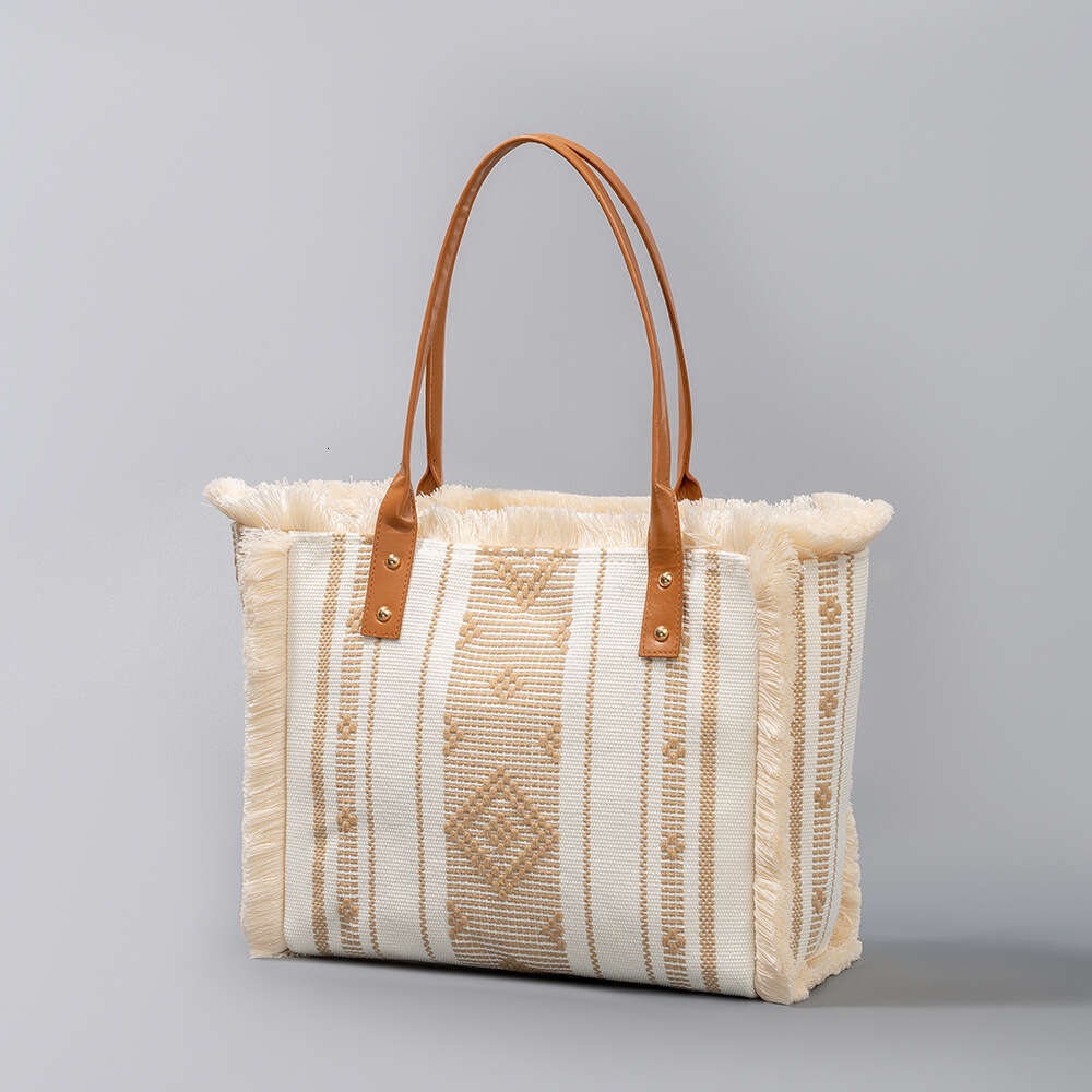 Canvas Large Capacity Women's Tote Bag, Four Sided Tassel Handbag, Niche Design, Ethnic Style Shoulder Bag