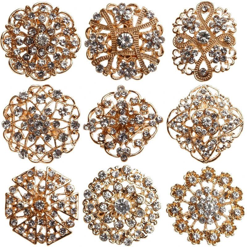 Plated Meta Rhinestone Crystal Gold Flower Brooches Pins For Wedding Bouquet Brooch Pin For Bridal Party Bags Clothes Gift Box 250103