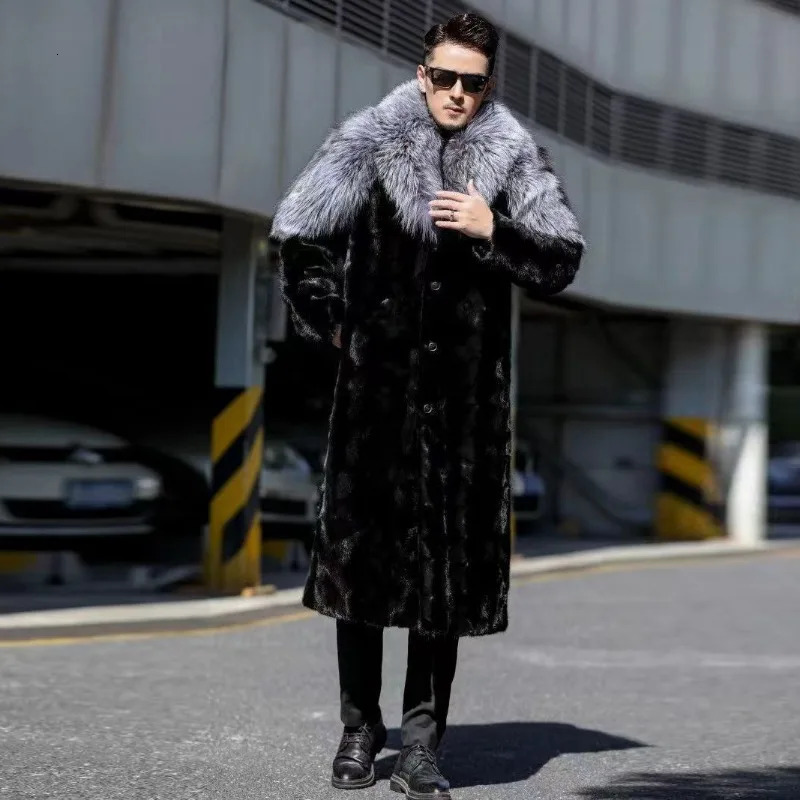 Mens Faux Mink Coat Winter Long Fur Black Color Warm Windbreaker Plus Size Collar s Clothing Jackets 250107